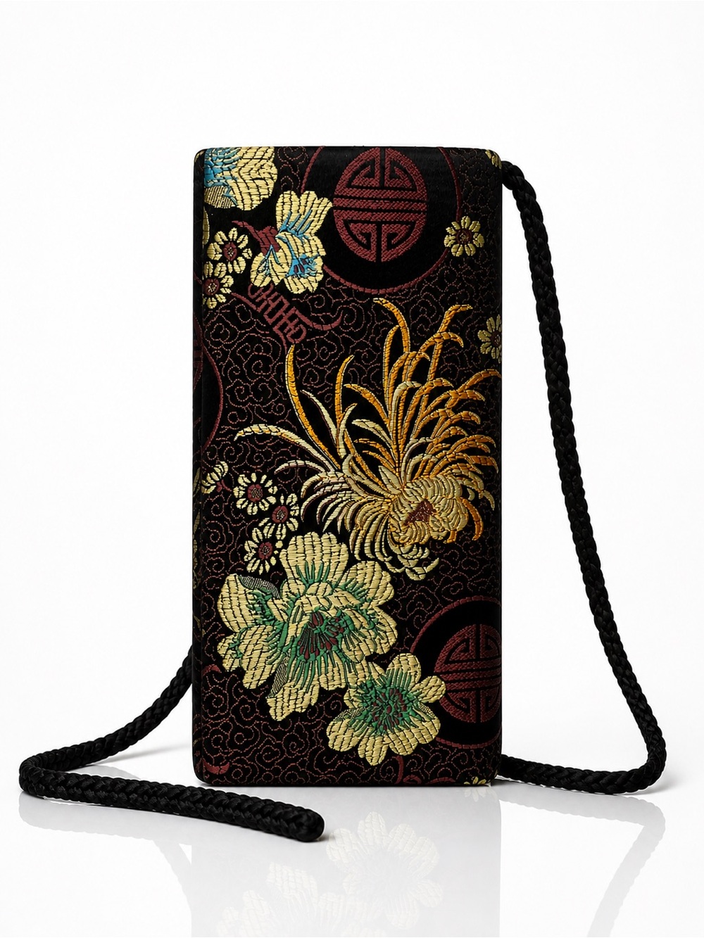 Vintage Chinese Silk Tapestry Bag Floral Embroidered Long Strap Clutch